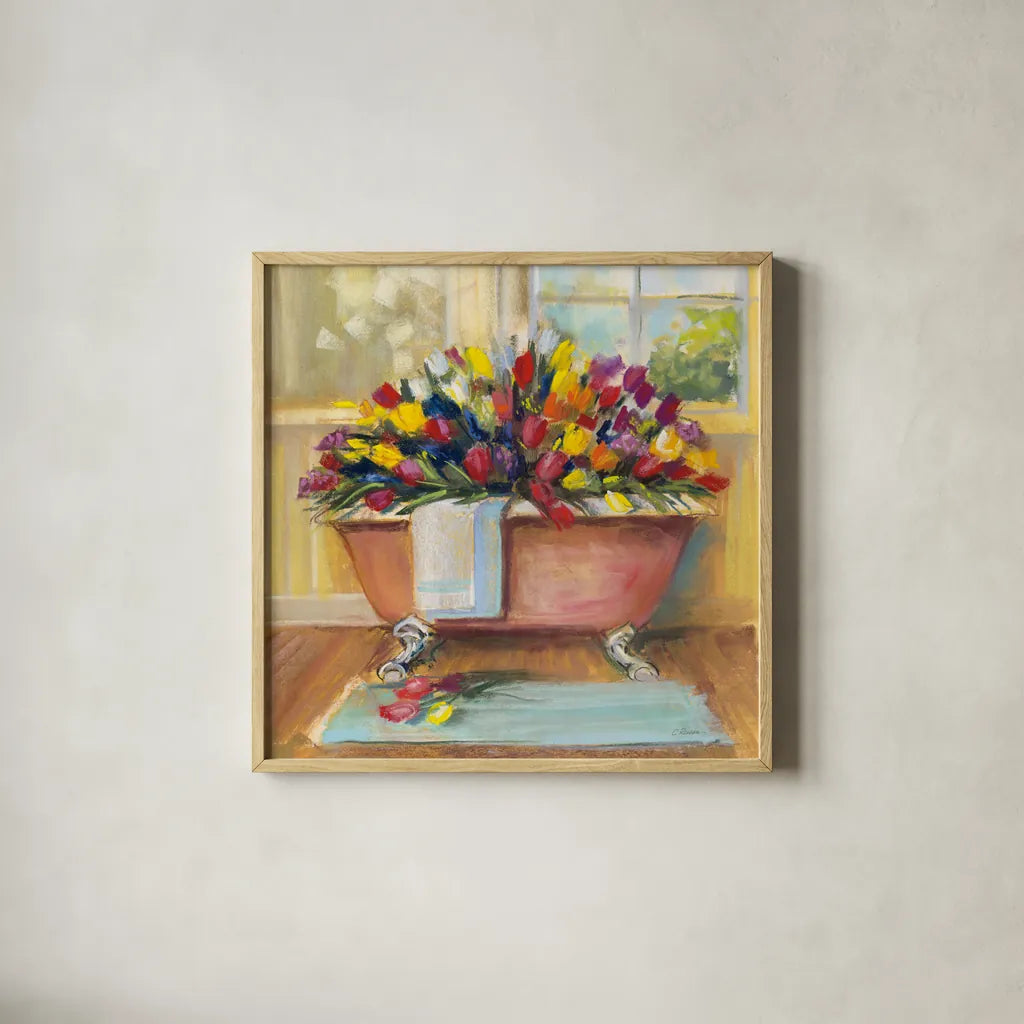 Bathtub Bouquet II by Carol Rowan. Shown in a natural wood glass frame for a timeless modern aesthetic. Available as an archival giclee rolled canvas, fine art paper, or poster print. SKU 38637a.