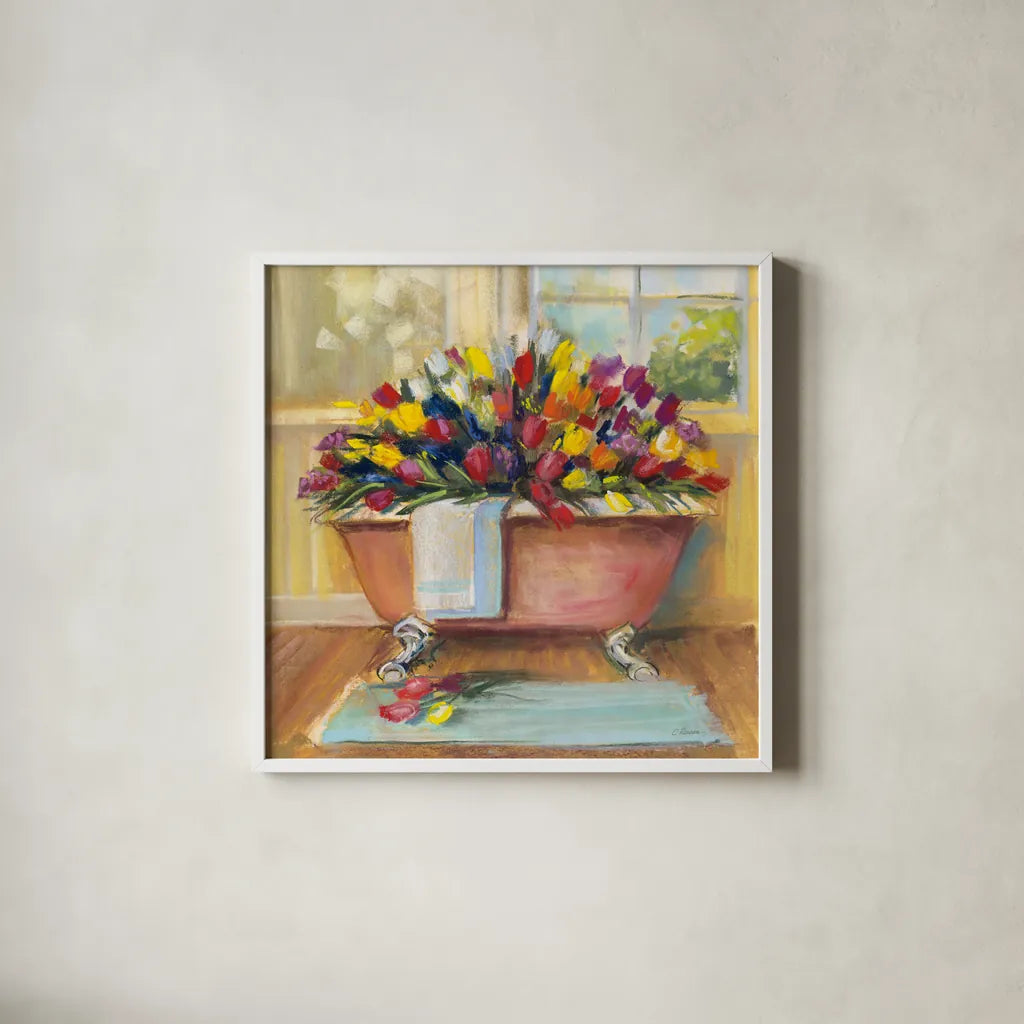 Bathtub Bouquet II by Carol Rowan. Shown in a crisp white glass frame for a clean and minimalist style. Available as an archival giclee rolled canvas, fine art paper, or poster print. SKU 38637a.