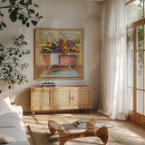 Bathtub Bouquet II by Carol Rowan. Shown in a natural wood frame in a cozy modern living room. Available as an archival giclee rolled canvas, fine art paper, or poster print. SKU 38637a.