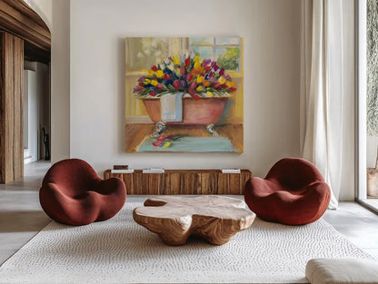 Bathtub Bouquet II by Carol Rowan. Shown as extra-large giant wall art in a modern living room. Available as an archival giclee rolled canvas, fine art paper, or poster print. SKU 38637a.