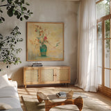 Bittersweet I v2 by Carol Rowan. Shown in a natural wood frame in a cozy modern living room. Available as an archival giclee rolled canvas, fine art paper, or poster print. SKU 42117a.