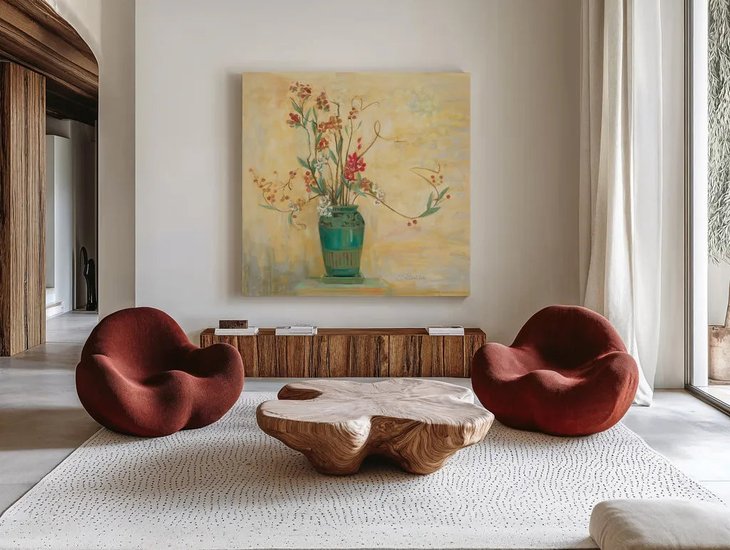 Bittersweet I v2 by Carol Rowan. Shown as extra-large giant wall art in a modern living room. Available as an archival giclee rolled canvas, fine art paper, or poster print. SKU 42117a.