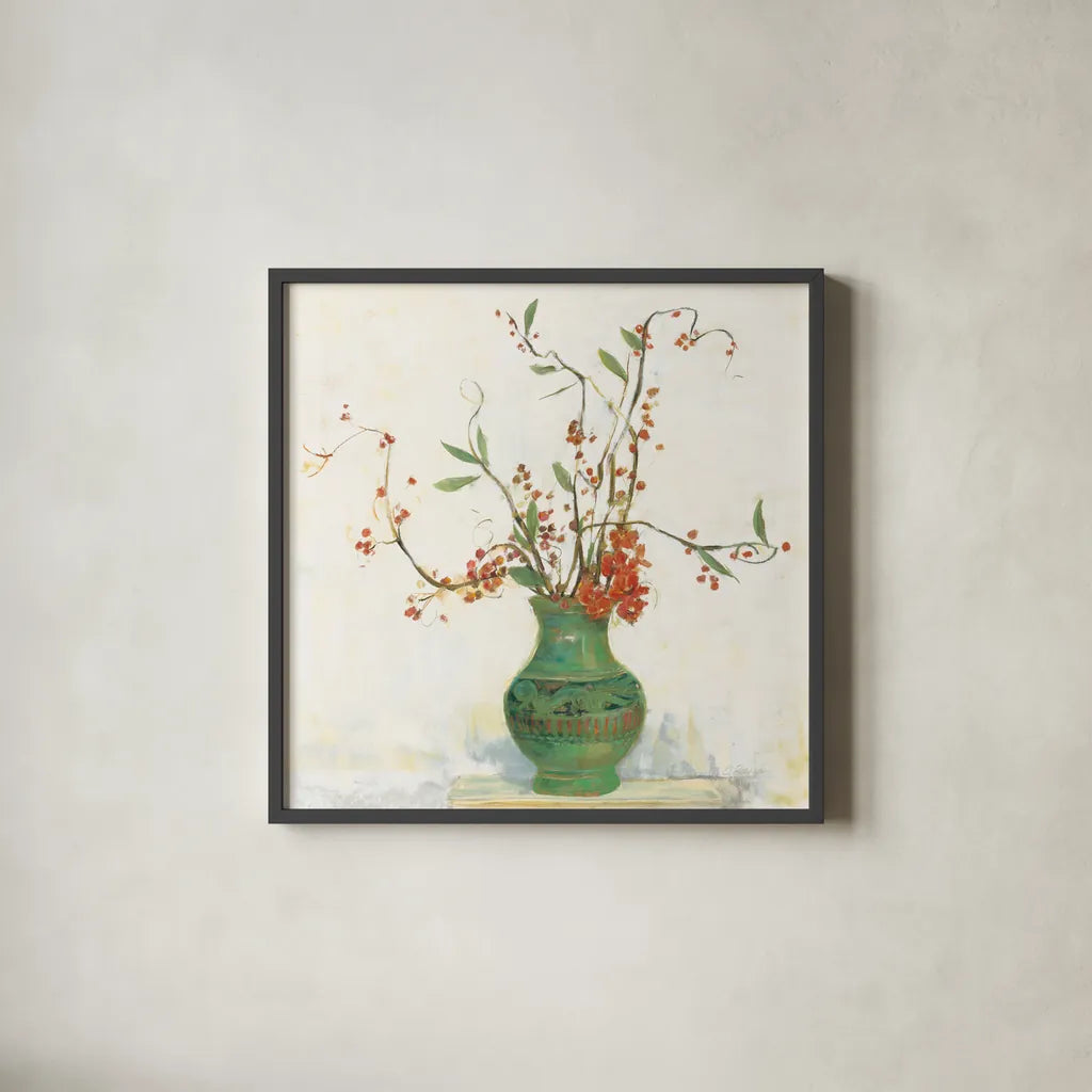 Bittersweet II v2 White by Carol Rowan. Shown in a sleek black glass frame for a contemporary gallery look. Available as an archival giclee rolled canvas, fine art paper, or poster print. SKU 42120a.