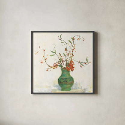 Bittersweet II v2 White by Carol Rowan. Shown in a sleek black glass frame for a contemporary gallery look. Available as an archival giclee rolled canvas, fine art paper, or poster print. SKU 42120a.