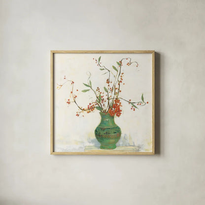 Bittersweet II v2 White by Carol Rowan. Shown in a natural wood glass frame for a timeless modern aesthetic. Available as an archival giclee rolled canvas, fine art paper, or poster print. SKU 42120a.