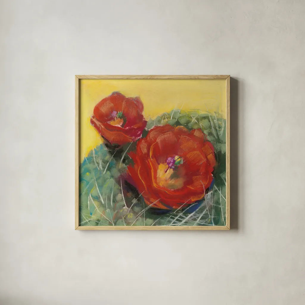 Blooming Succulent I by Carol Rowan. Shown in a natural wood glass frame for a timeless modern aesthetic. Available as an archival giclee rolled canvas, fine art paper, or poster print. SKU 38631a.