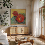 Blooming Succulent I by Carol Rowan. Shown in a natural wood frame in a cozy modern living room. Available as an archival giclee rolled canvas, fine art paper, or poster print. SKU 38631a.