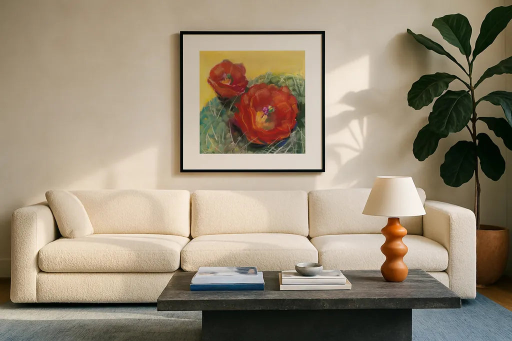 Blooming Succulent I by Carol Rowan. Displayed in a glass frame with matte in a clean modern living room. Available as an archival giclee rolled canvas, fine art paper, or poster print. SKU 38631a.