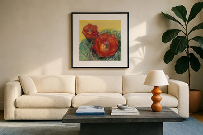 Blooming Succulent I by Carol Rowan. Displayed in a glass frame with matte in a clean modern living room. Available as an archival giclee rolled canvas, fine art paper, or poster print. SKU 38631a.