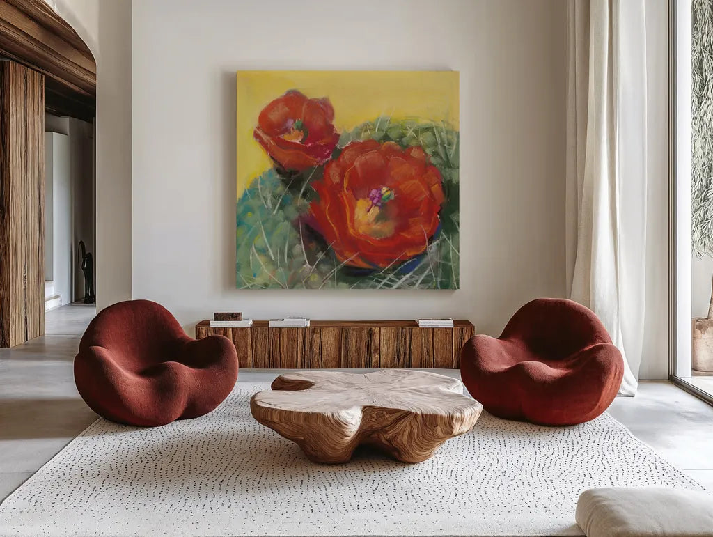 Blooming Succulent I by Carol Rowan. Shown as extra-large giant wall art in a modern living room. Available as an archival giclee rolled canvas, fine art paper, or poster print. SKU 38631a.