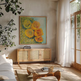 Blooming Succulent II by Carol Rowan. Shown in a natural wood frame in a cozy modern living room. Available as an archival giclee rolled canvas, fine art paper, or poster print. SKU 38632a.