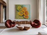 Blooming Succulent II by Carol Rowan. Shown as extra-large giant wall art in a modern living room. Available as an archival giclee rolled canvas, fine art paper, or poster print. SKU 38632a.