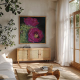Blooming Succulent III by Carol Rowan. Shown in a natural wood frame in a cozy modern living room. Available as an archival giclee rolled canvas, fine art paper, or poster print. SKU 38633a.
