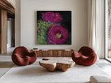Blooming Succulent III by Carol Rowan. Shown as extra-large giant wall art in a modern living room. Available as an archival giclee rolled canvas, fine art paper, or poster print. SKU 38633a.