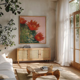Blooming Succulent IV by Carol Rowan. Shown in a natural wood frame in a cozy modern living room. Available as an archival giclee rolled canvas, fine art paper, or poster print. SKU 38634a.
