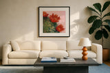 Blooming Succulent IV by Carol Rowan. Displayed in a glass frame with matte in a clean modern living room. Available as an archival giclee rolled canvas, fine art paper, or poster print. SKU 38634a.