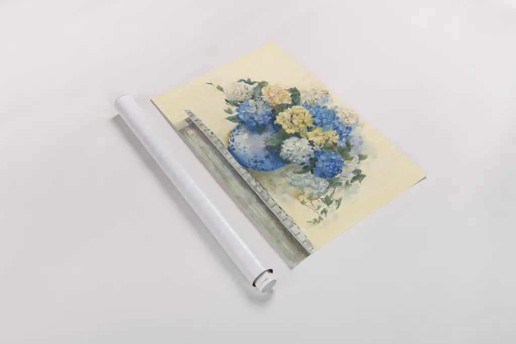 Blue Hydrangea by Carol Rowan. shown as a rolled paper print. Available as archival giclee rolled canvas, fine art paper, or poster print. SKU 42366i.