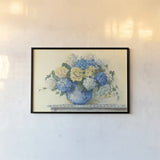 Blue Hydrangea by Carol Rowan. shown as a paper print in a black flame. Available as a archival giclee rolled canvas, fine art paper, or poster print. SKU 42366i.