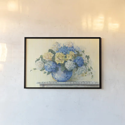 Blue Hydrangea by Carol Rowan. shown as a paper print in a black flame. Available as a archival giclee rolled canvas, fine art paper, or poster print. SKU 42366i.