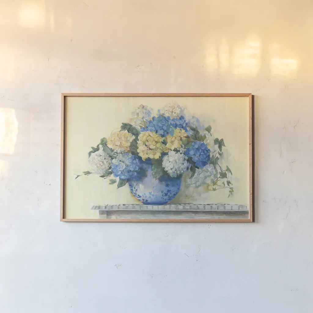 Blue Hydrangea by Carol Rowan. shown as a paper print in a natural frame. Available as a archival giclee rolled canvas, fine art paper, or poster print. SKU 42366i.