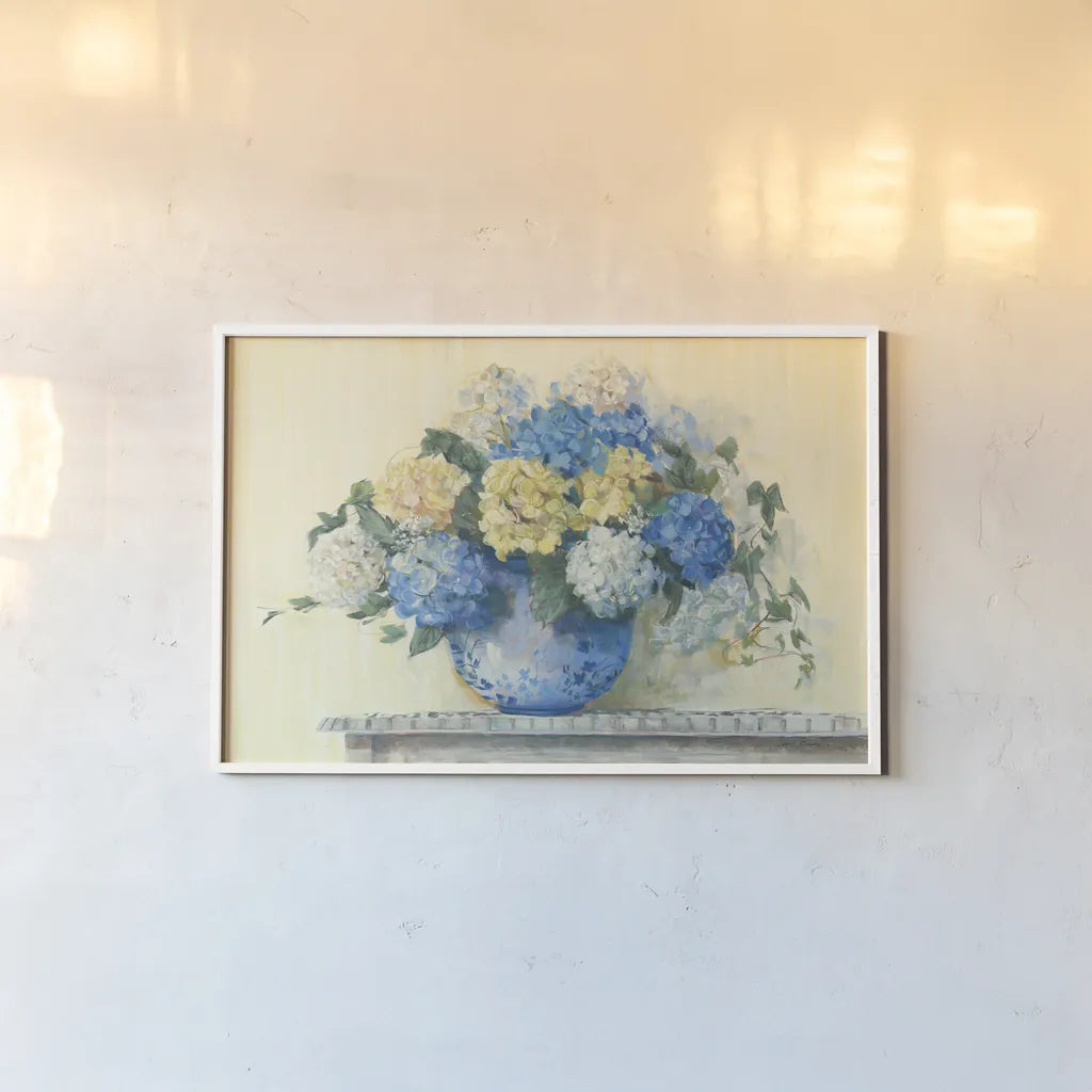 Blue Hydrangea by Carol Rowan. shown as a paper print in a white frame. Available as a archival giclee rolled canvas, fine art paper, or poster print. SKU 42366i.