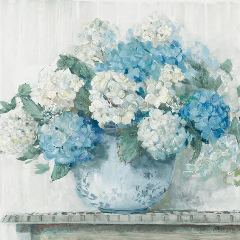 Blue Hydrangea Cottage Crop by Carol Rowan. SKU 47410a. Archival Giclee Fine art print for wall decor.