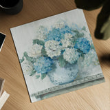 Blue Hydrangea Cottage Crop by Carol Rowan. Shown as a detailed flat fine art print, highlighting archival giclee quality. Available as an archival giclee rolled canvas, fine art paper, or poster print. SKU 47410a.