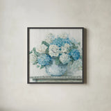 Blue Hydrangea Cottage Crop by Carol Rowan. Shown in a sleek black glass frame for a contemporary gallery look. Available as an archival giclee rolled canvas, fine art paper, or poster print. SKU 47410a.