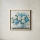 Blue Hydrangea Cottage Crop by Carol Rowan. Shown in a natural wood glass frame for a timeless modern aesthetic. Available as an archival giclee rolled canvas, fine art paper, or poster print. SKU 47410a.