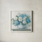 Blue Hydrangea Cottage Crop by Carol Rowan. Shown in a crisp white glass frame for a clean and minimalist style. Available as an archival giclee rolled canvas, fine art paper, or poster print. SKU 47410a.