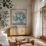 Blue Hydrangea Cottage Crop by Carol Rowan. Shown in a natural wood frame in a cozy modern living room. Available as an archival giclee rolled canvas, fine art paper, or poster print. SKU 47410a.