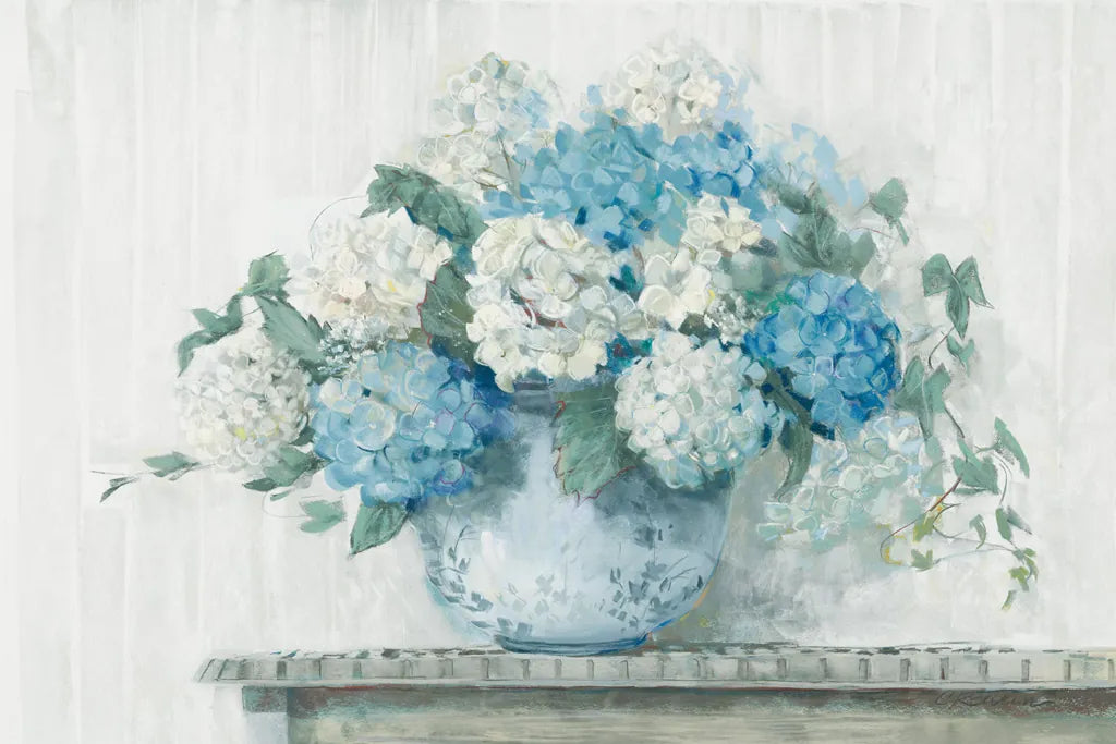Blue Hydrangea Cottage Crop by Carol Rowan. SKU 47410i. Archival Giclee Fine art print for wall decor.