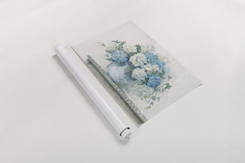 Blue Hydrangea Cottage Crop by Carol Rowan. shown as a rolled paper print. Available as archival giclee rolled canvas, fine art paper, or poster print. SKU 47410i.