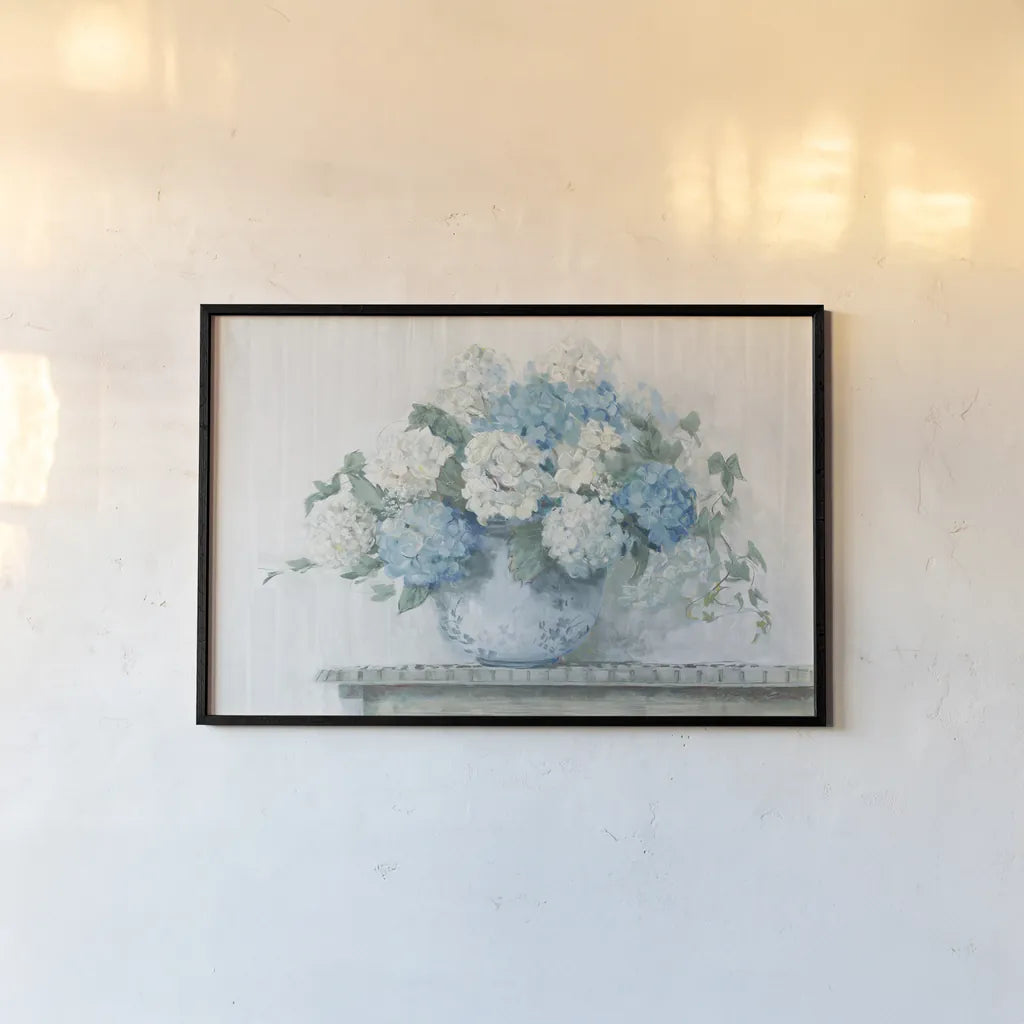 Blue Hydrangea Cottage Crop by Carol Rowan. shown as a paper print in a black flame. Available as a archival giclee rolled canvas, fine art paper, or poster print. SKU 47410i.