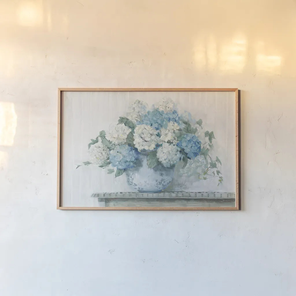 Blue Hydrangea Cottage Crop by Carol Rowan. shown as a paper print in a natural frame. Available as a archival giclee rolled canvas, fine art paper, or poster print. SKU 47410i.
