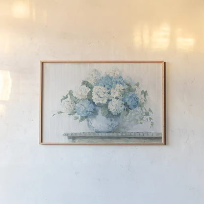 Blue Hydrangea Cottage Crop by Carol Rowan. shown as a paper print in a natural frame. Available as a archival giclee rolled canvas, fine art paper, or poster print. SKU 47410i.