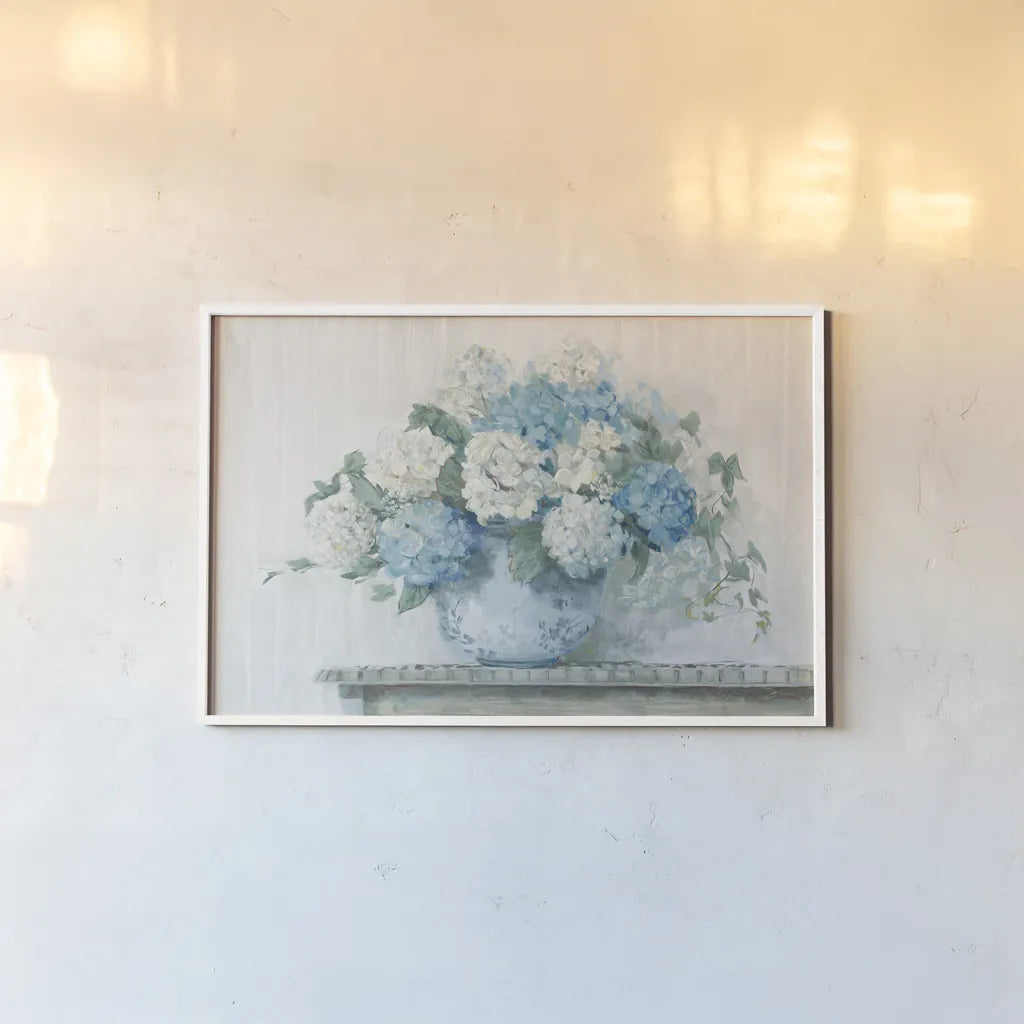 Blue Hydrangea Cottage Crop by Carol Rowan. shown as a paper print in a white frame. Available as a archival giclee rolled canvas, fine art paper, or poster print. SKU 47410i.