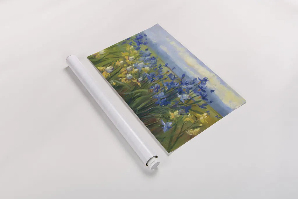 Blue and Yellow Flower Field  v2 by Carol Rowan. shown as a rolled paper print. Available as archival giclee rolled canvas, fine art paper, or poster print. SKU 42307i.