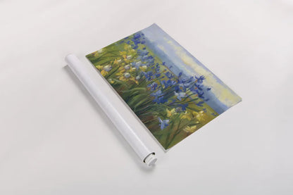 Blue and Yellow Flower Field  v2 by Carol Rowan. shown as a rolled paper print. Available as archival giclee rolled canvas, fine art paper, or poster print. SKU 42307i.