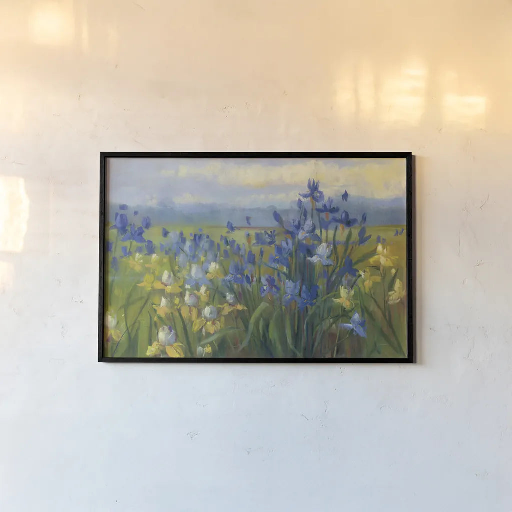 Blue and Yellow Flower Field  v2 by Carol Rowan. shown as a paper print in a black flame. Available as a archival giclee rolled canvas, fine art paper, or poster print. SKU 42307i.