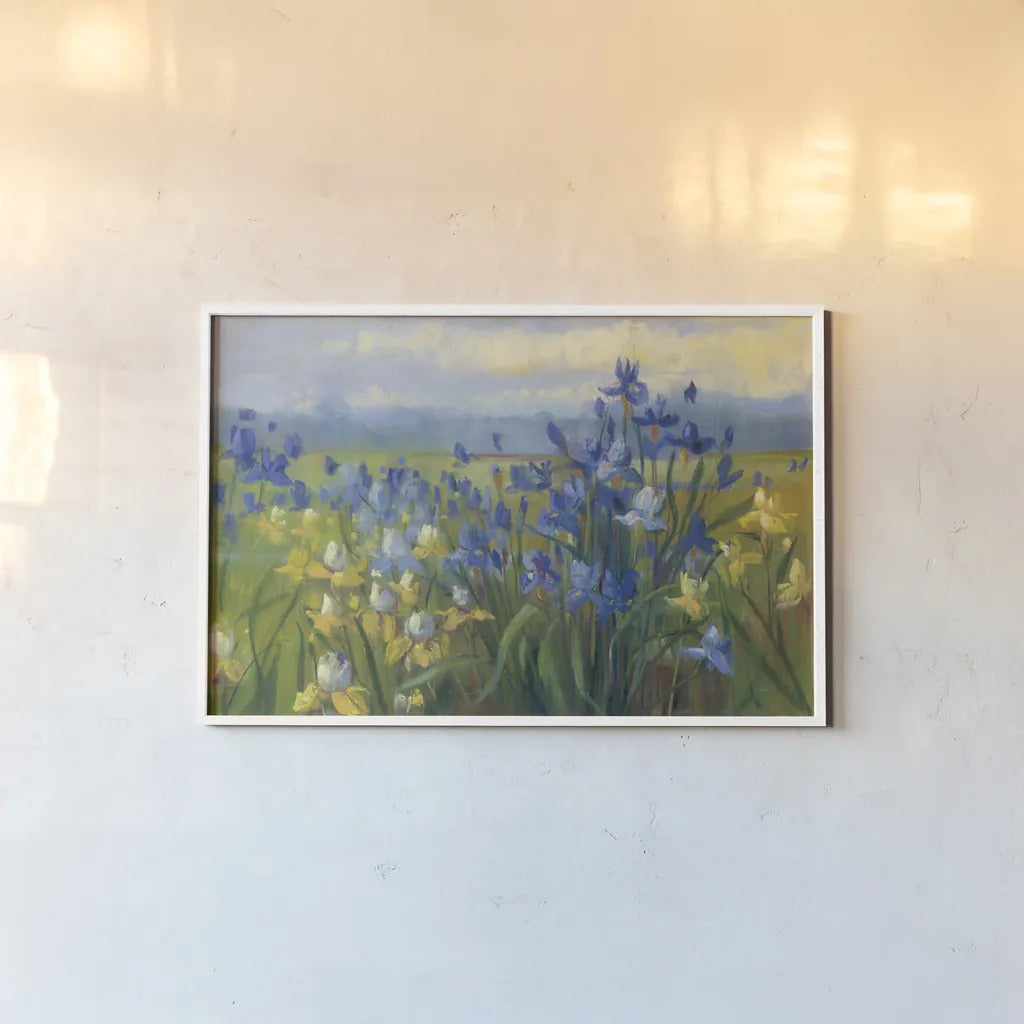 Blue and Yellow Flower Field  v2 by Carol Rowan. shown as a paper print in a white frame. Available as a archival giclee rolled canvas, fine art paper, or poster print. SKU 42307i.