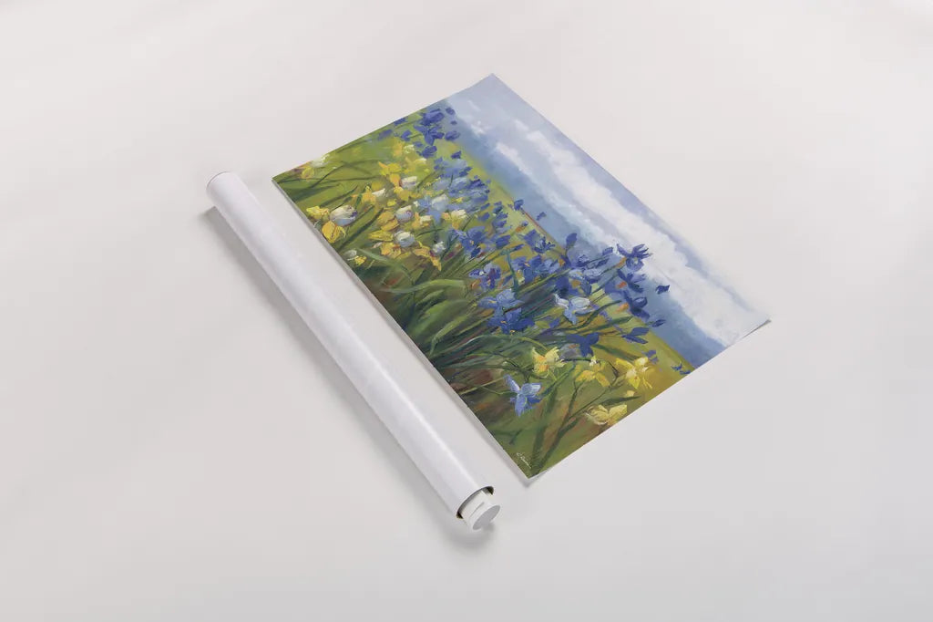 Blue and Yellow Flower Field by Carol Rowan. shown as a rolled paper print. Available as archival giclee rolled canvas, fine art paper, or poster print. SKU 30167i.