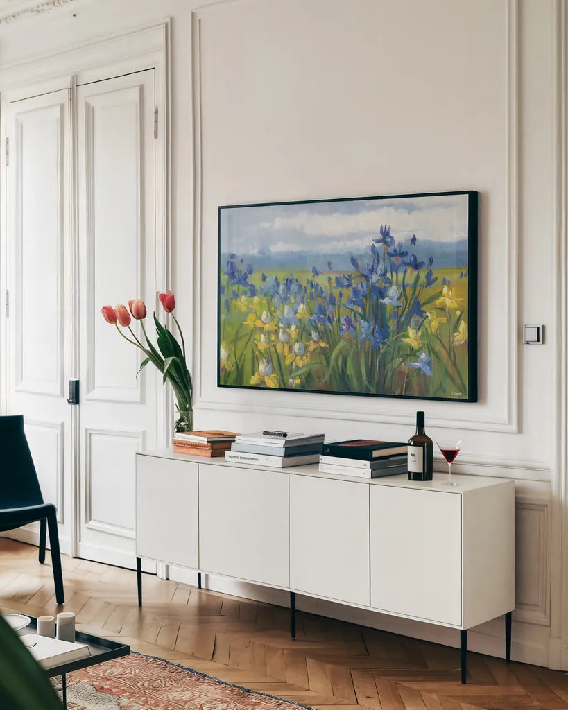 Blue and Yellow Flower Field by Carol Rowan. shown as a framed stretched canvas in a living room above a console. Available as a archival giclee rolled canvas, fine art paper, or poster print. SKU 30167i.