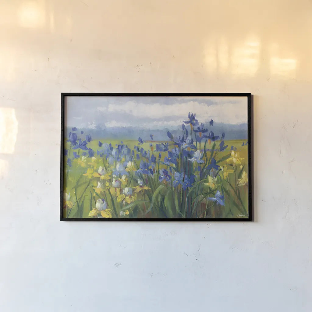 Blue and Yellow Flower Field by Carol Rowan. shown as a paper print in a black flame. Available as a archival giclee rolled canvas, fine art paper, or poster print. SKU 30167i.