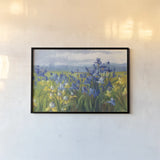 Blue and Yellow Flower Field by Carol Rowan. shown as a paper print in a black flame. Available as a archival giclee rolled canvas, fine art paper, or poster print. SKU 30167i.