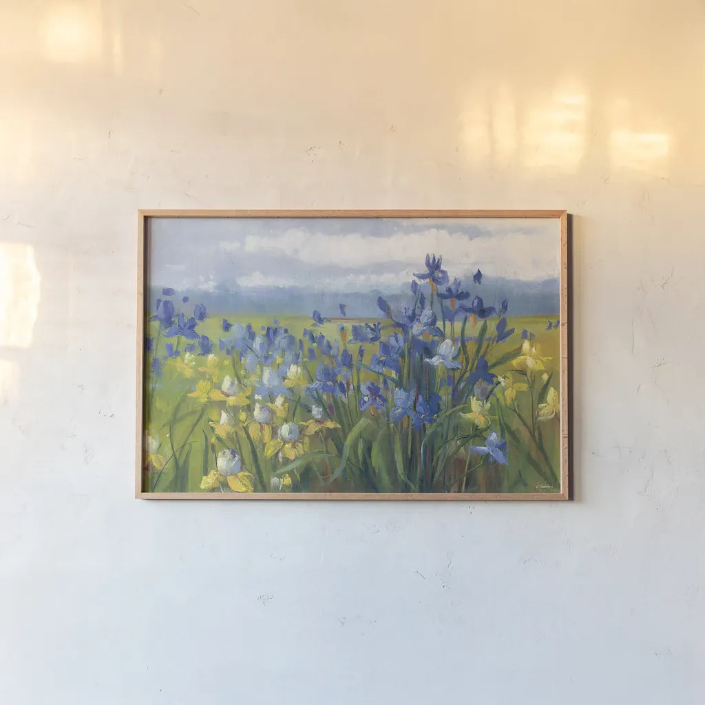 Blue and Yellow Flower Field by Carol Rowan. shown as a paper print in a natural frame. Available as a archival giclee rolled canvas, fine art paper, or poster print. SKU 30167i.