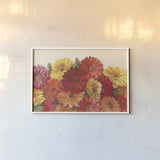 Bountiful Gerberas by Carol Rowan. shown as a paper print in a white frame. Available as a archival giclee rolled canvas, fine art paper, or poster print. SKU 10879i.