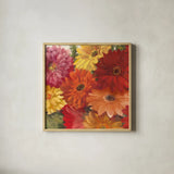 Bountiful Gerberas Square I by Carol Rowan. Shown in a natural wood glass frame for a timeless modern aesthetic. Available as an archival giclee rolled canvas, fine art paper, or poster print. SKU 26991a.