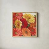 Bountiful Gerberas Square II by Carol Rowan. Shown in a natural wood glass frame for a timeless modern aesthetic. Available as an archival giclee rolled canvas, fine art paper, or poster print. SKU 26992a.