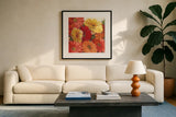 Bountiful Gerberas Square II by Carol Rowan. Displayed in a glass frame with matte in a clean modern living room. Available as an archival giclee rolled canvas, fine art paper, or poster print. SKU 26992a.